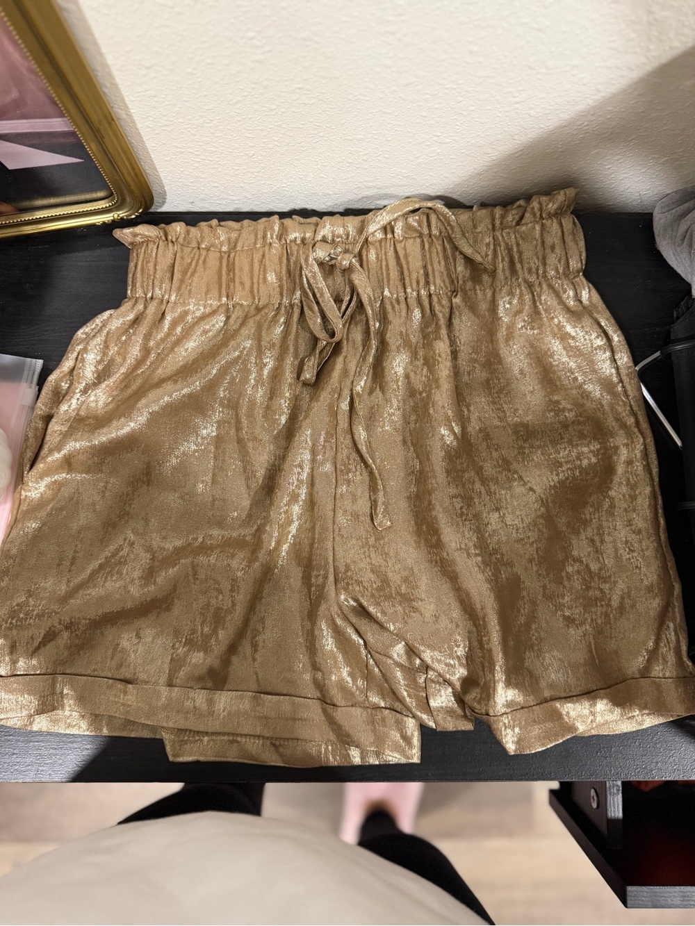 SHEIN Metallic Gold High-Waist Drawstring Shorts